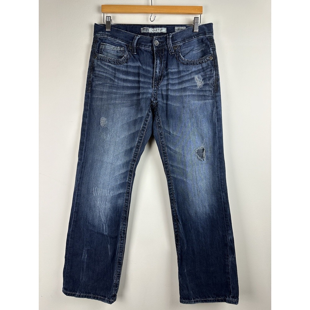 BKE Jeans Mens 33x31 Carter Bootcut Dark Wash Denim Thick Stitch Y2K Buckle